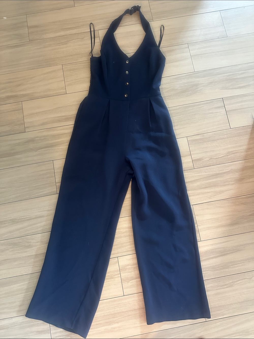 Navy Halter Wide-Leg Jumpsuit with Button Front - Picture 2 of 7